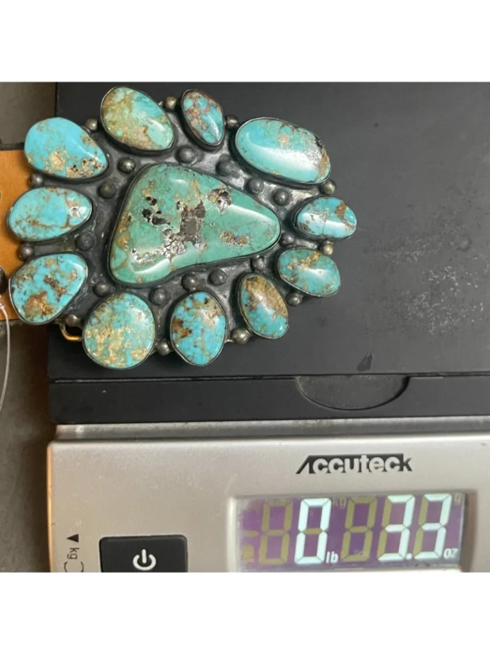 Tom Willeto Belt Buckle Sterling Silver Navajo Turquoise Cluster 93g